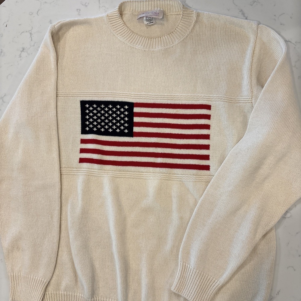 Vintage 90s Andrew Rohan American Flag Knit Sweater USA Made Ivory‎ Womens SZ XL